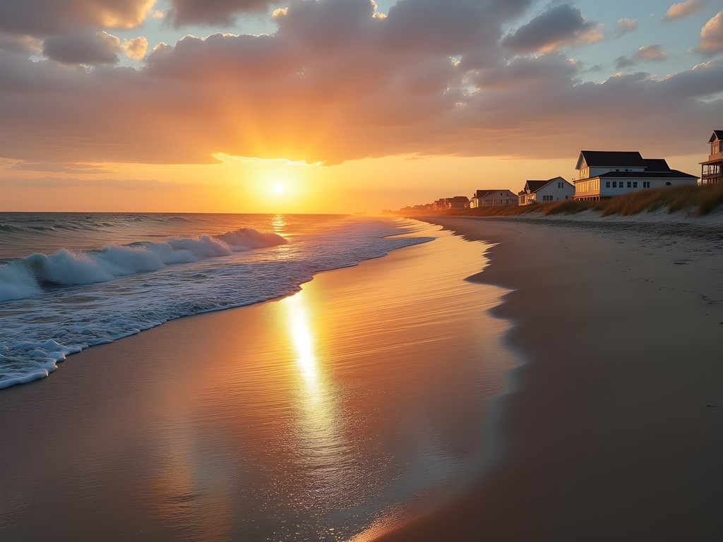 Peaceful sunrise at Sandbridge Beach with golden light on empty shoreline