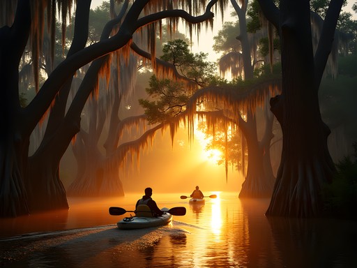 Sunset kayaking through cypress swamps at First Landing State Park