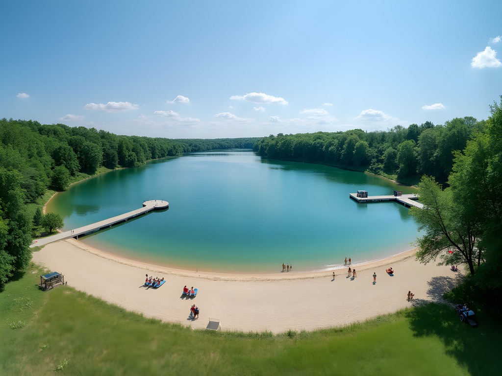 Crystal clear waters of Fox Brook Park quarry lake with swimming platforms