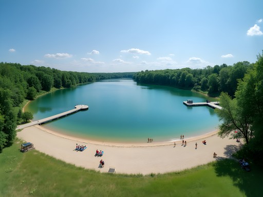 Crystal clear waters of Fox Brook Park quarry lake with swimming platforms
