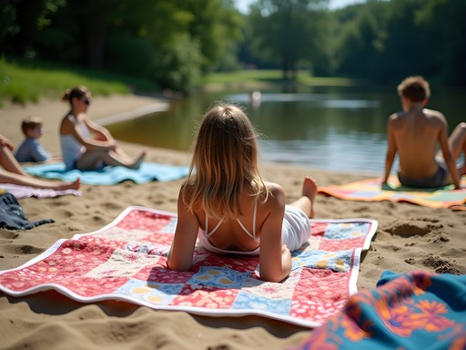 Colorful beach blankets and handmade textiles at Minooka Park swimming pond