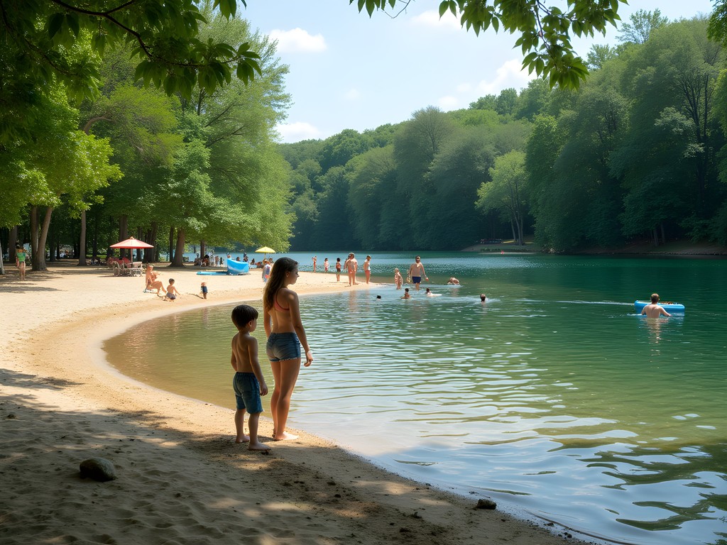 Families swimming in Muskego Park's clear water pond with forest backdrop