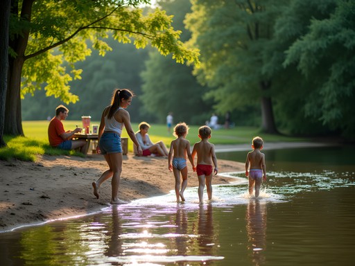 Family enjoying Naga-Waukee Park's intimate beach area surrounded by trees