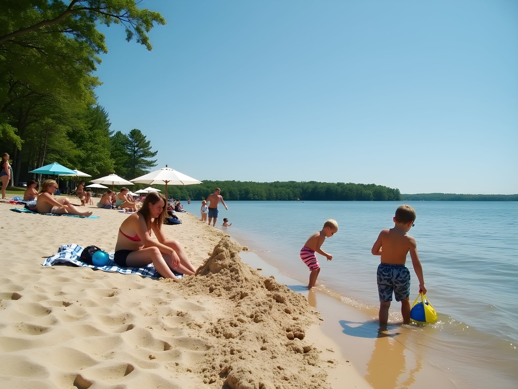 Families enjoying summer day at Pewaukee Lake Beach in Waukesha County