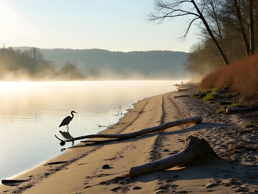 Natural sandy shore at Brown's Island Wildlife Management Area with herons fishing nearby