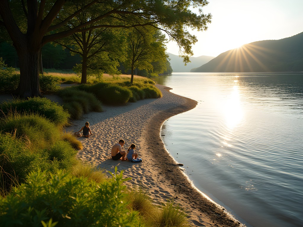 Secluded sandy cove at Edgewater Park with family enjoying Ohio River