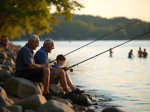 Multi-generational family fishing at Harmon Creek Inlet where it meets Ohio River