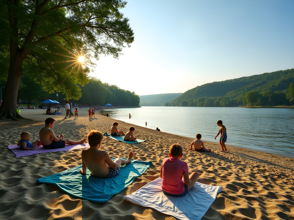 Sandy shore at Starvaggi Memorial Park with Ohio River and tree-lined banks