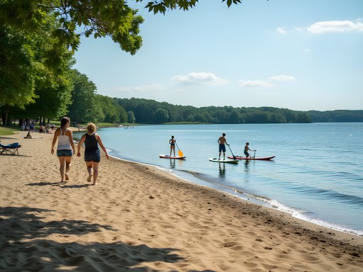 Family paddleboarding at Cochituate State Park with sandy beach in background