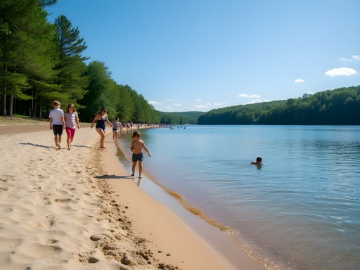 Hopkinton State Park beach area with families enjoying the sandy shoreline and clear water
