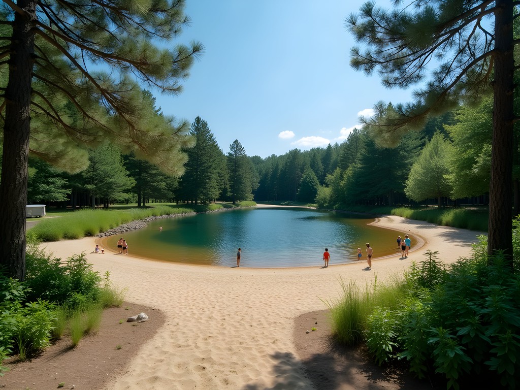 Sandy beach area at Wells State Park with pine trees surrounding the swimming zone