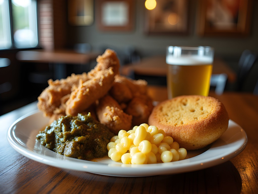 Traditional Southern comfort food plate with fried chicken and sides in Albany restaurant