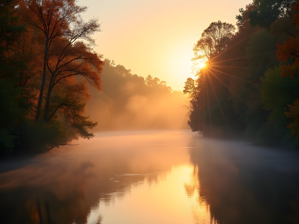 Misty sunrise over the Flint River in Albany with fall colors