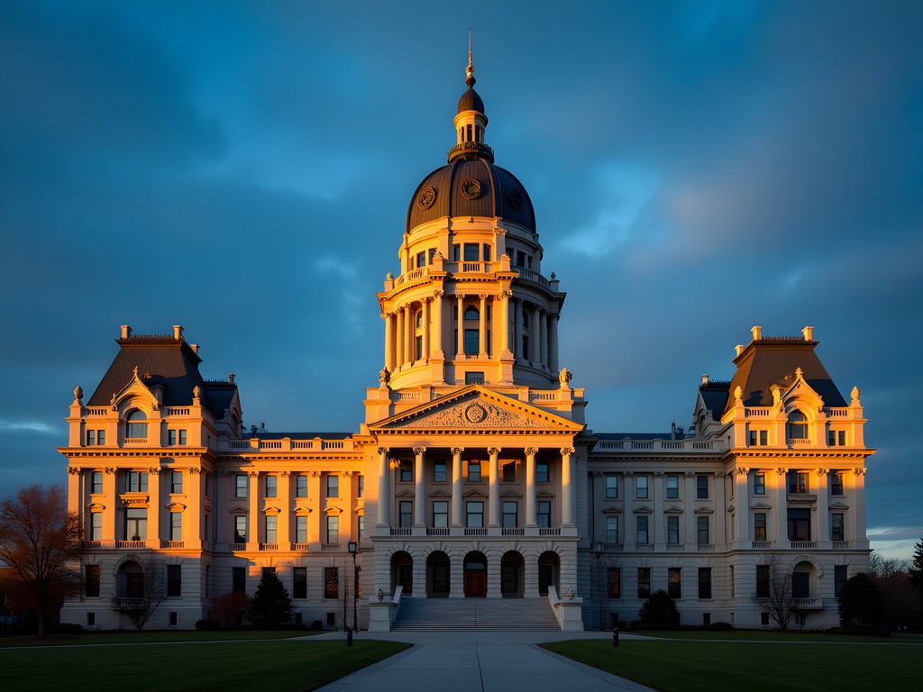 New York State Capitol building in Albany at sunset with golden light illuminating the ornate architecture
