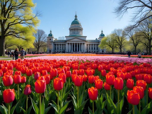Vibrant multicolored tulips in bloom during Albany Tulip Festival with historic park structures in background
