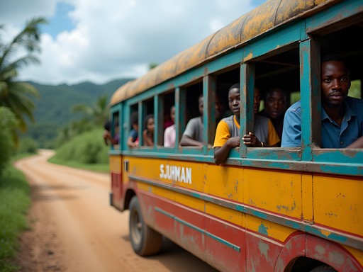 Colorful local minibus packed with passengers in Anna Regina Guyana