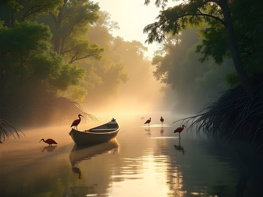 Narrow mangrove channel with scarlet ibis birds in Essequibo Coast Guyana