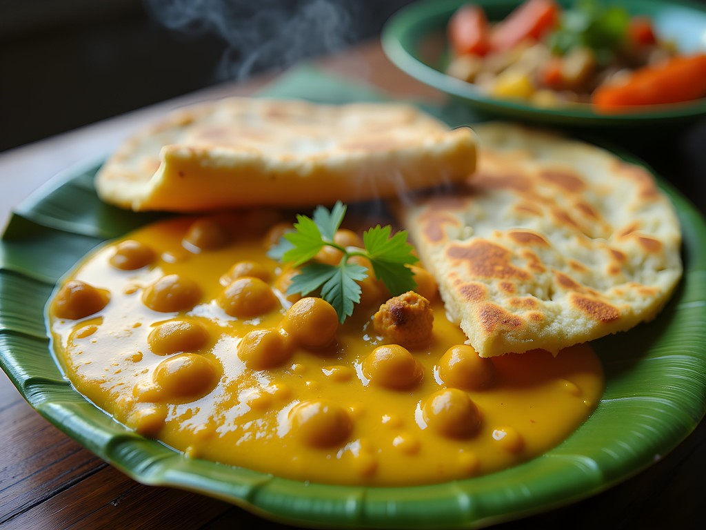 Traditional Guyanese curry and roti served on banana leaf in Anna Regina