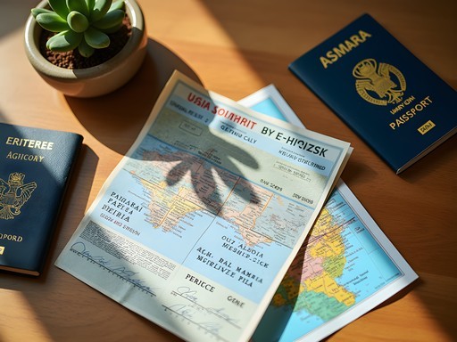 Travel documents and Eritrean visa on wooden table