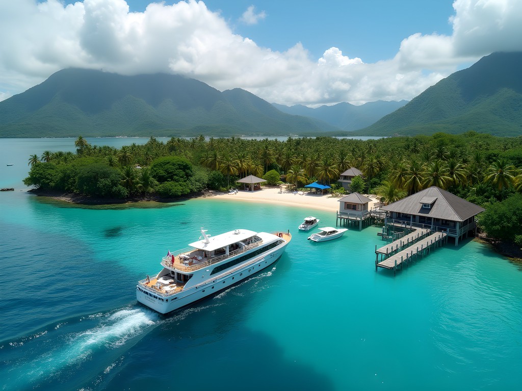 Ferry approaching Auki harbor on Malaita Island, Solomon Islands