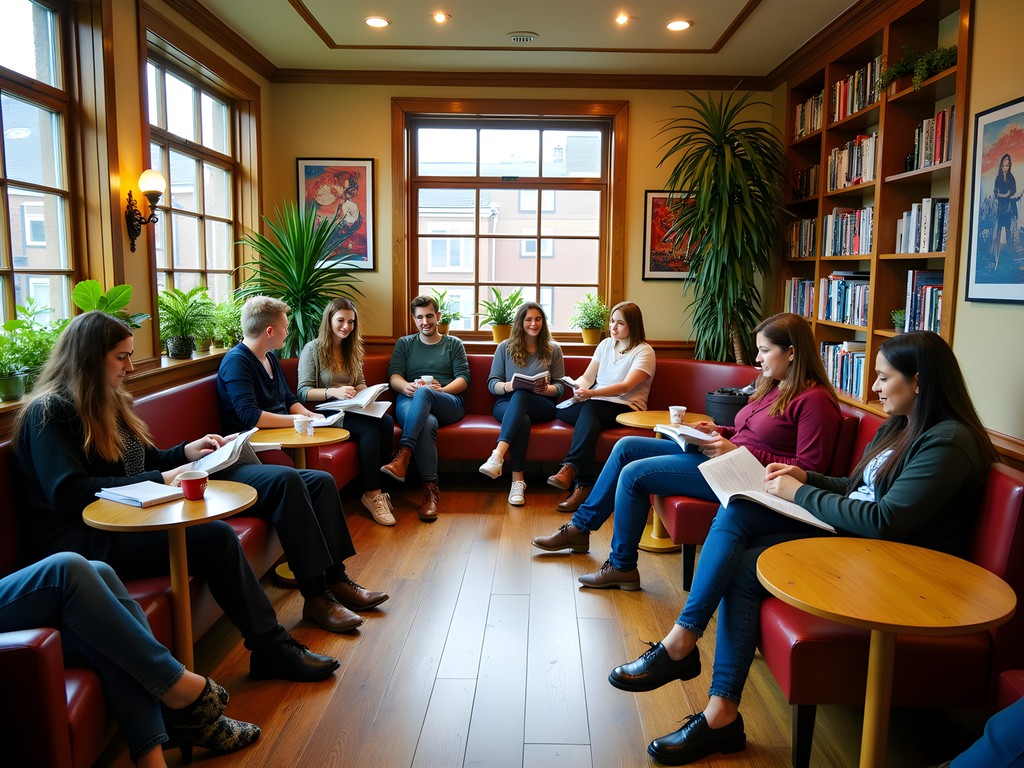 Cozy common area in Belfast hostel with wooden furniture and local artwork