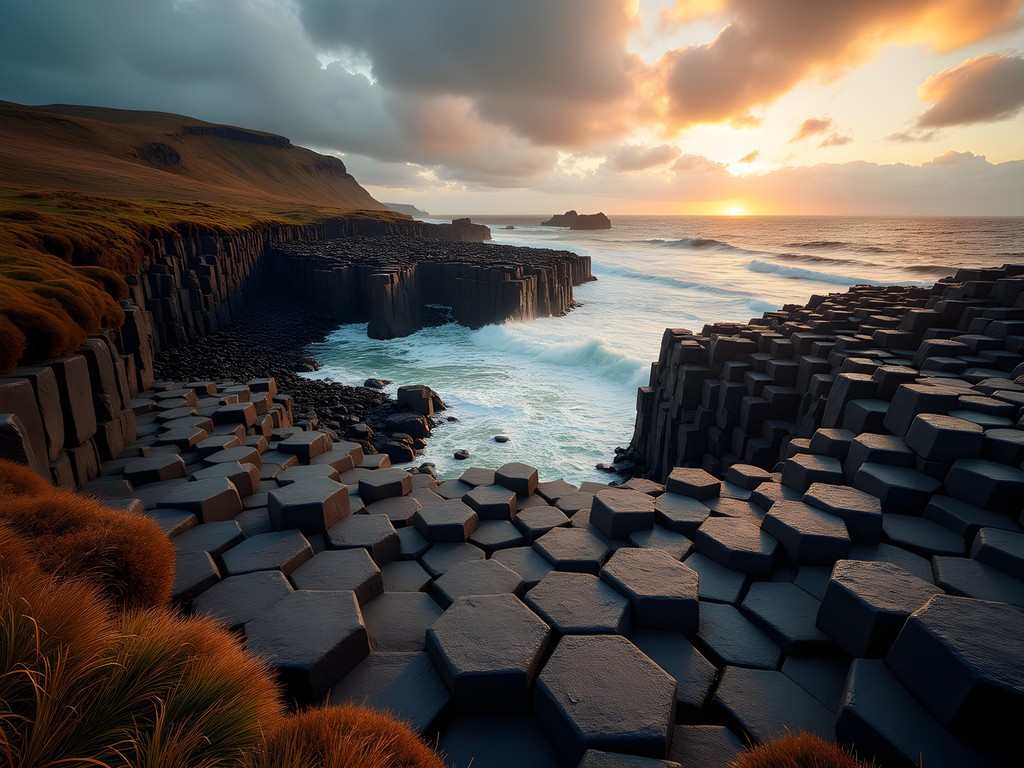 Giant's Causeway hexagonal basalt columns during autumn with dramatic sky