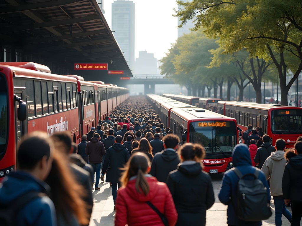 Busy TransMilenio station in Bogotá with commuters during morning rush