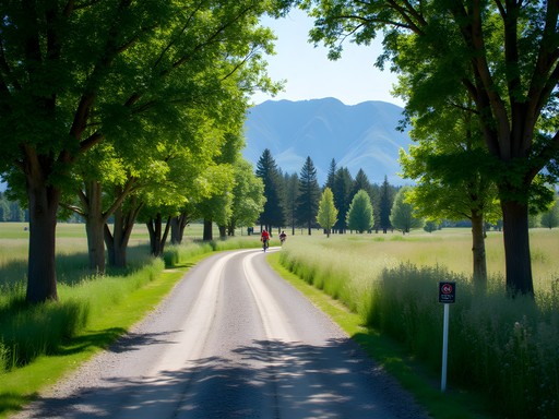 Cyclist on the Gallagator Linear Trail in Bozeman with mountain views