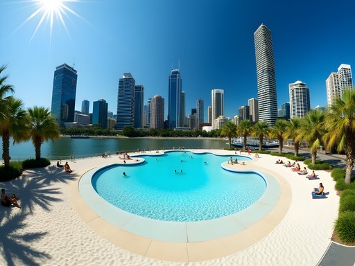 Streets Beach at South Bank with Brisbane skyline in background