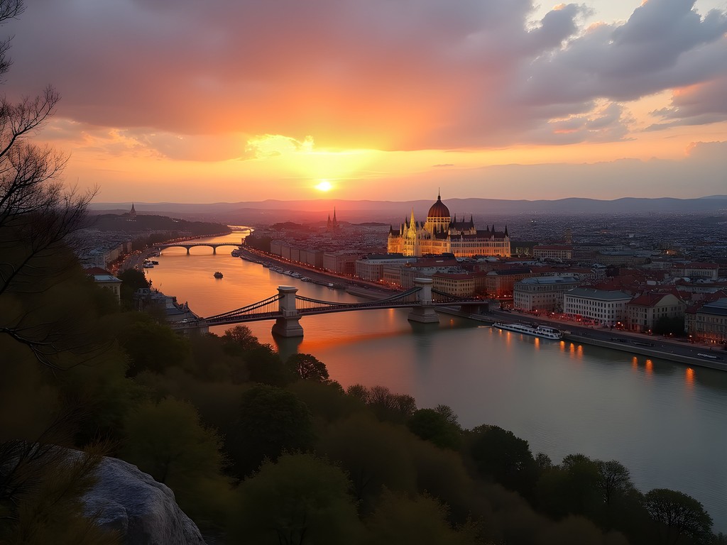 Panoramic sunset view of Budapest from Gellért Hill