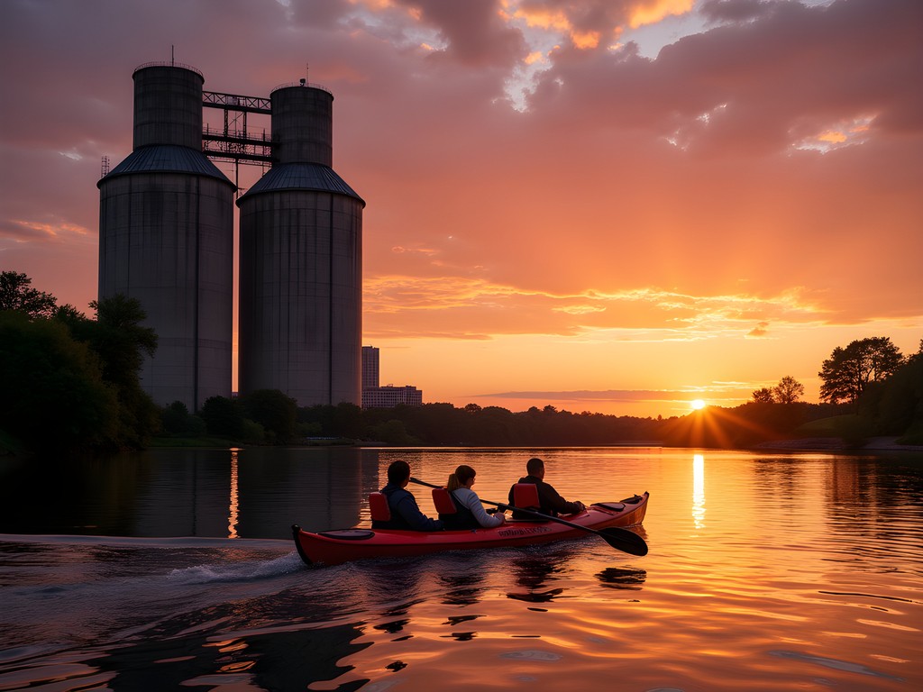 Kayakers exploring Buffalo River near grain elevators at sunset