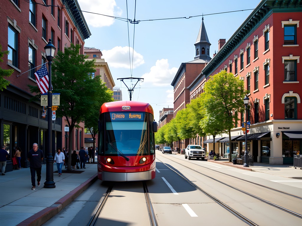 Buffalo Metro Rail running along Main Street with historic architecture in background