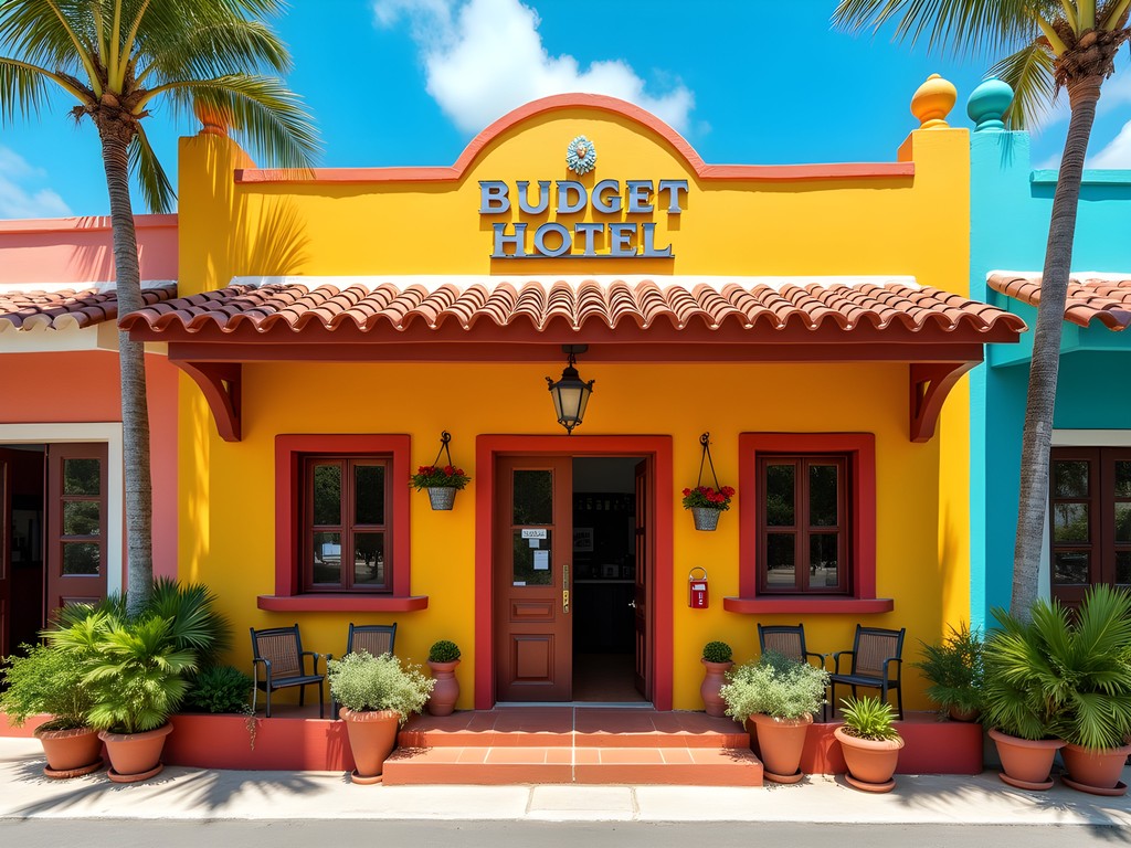 Colorful budget hotel in Downtown Cancun with Mexican architectural elements