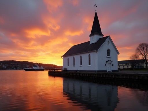 White wooden Norwegian Church in Cardiff Bay silhouetted against colorful sunset sky over water