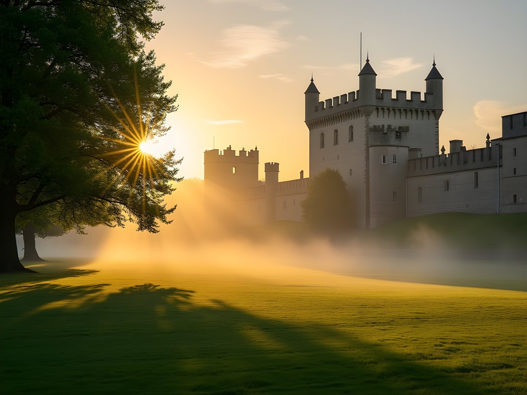 Cardiff Castle exterior walls bathed in golden morning light with Bute Park greenery in foreground