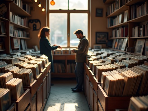 Man browsing vinyl records in a cozy Cardiff record shop with afternoon light streaming through window