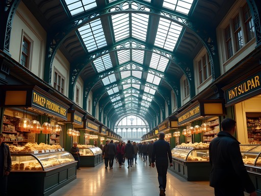Interior of Cardiff Market showing Victorian architecture with cast iron and glass ceiling, bustling with shoppers