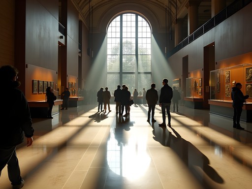 Sunlight streaming through windows in National Museum Cardiff's main hall with visitors admiring exhibits