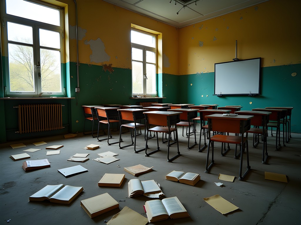 Abandoned classroom in Pripyat school with scattered books and desks
