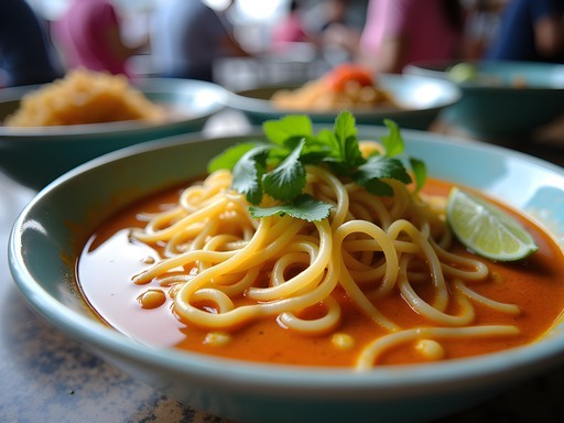 Steaming bowl of Khao Soi curry noodle soup at a Chiang Mai street food stall