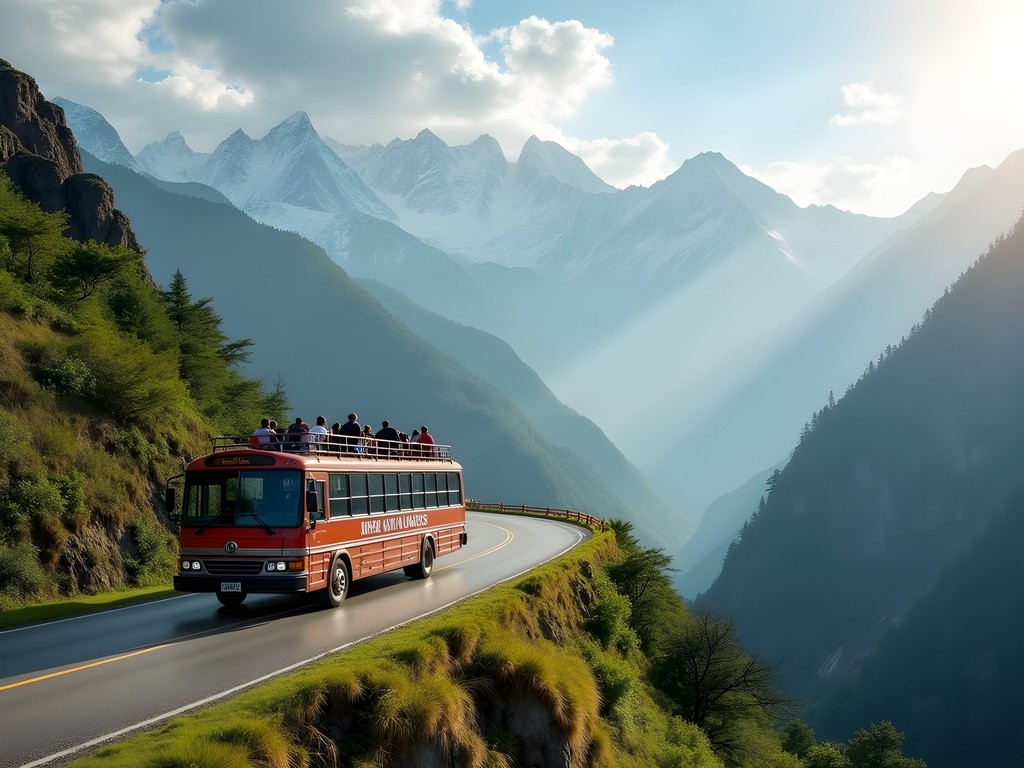 Tourist bus journey from Kathmandu to Chitwan National Park through mountain scenery