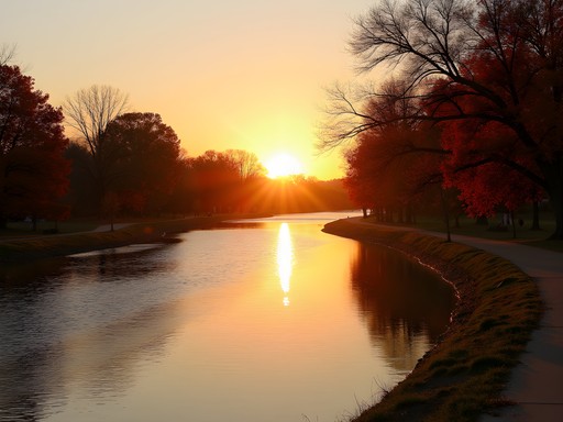 Sunset view of Cumberland River from Clarksville Riverwalk with fall colors