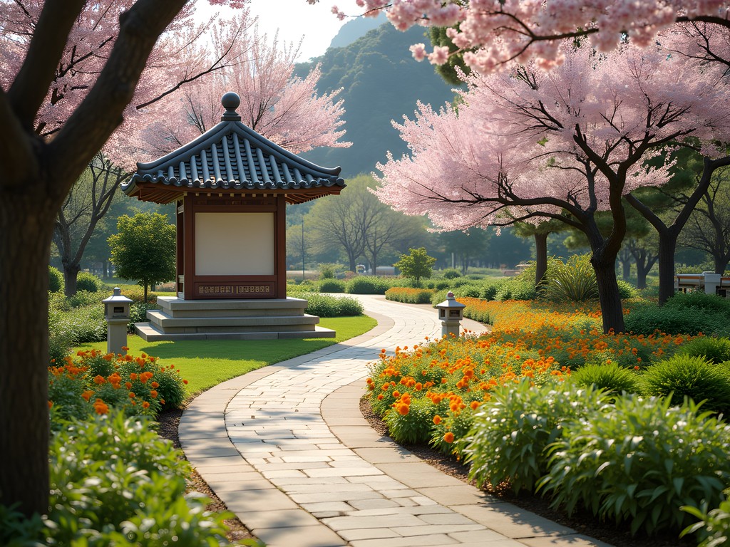 Lush spring blooms at Daegu Arboretum with pathways and traditional Korean garden elements