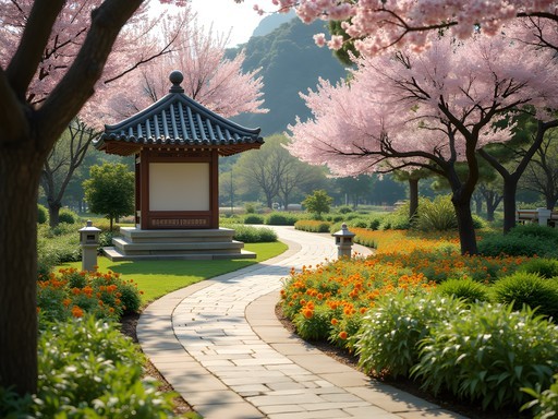 Lush spring blooms at Daegu Arboretum with pathways and traditional Korean garden elements