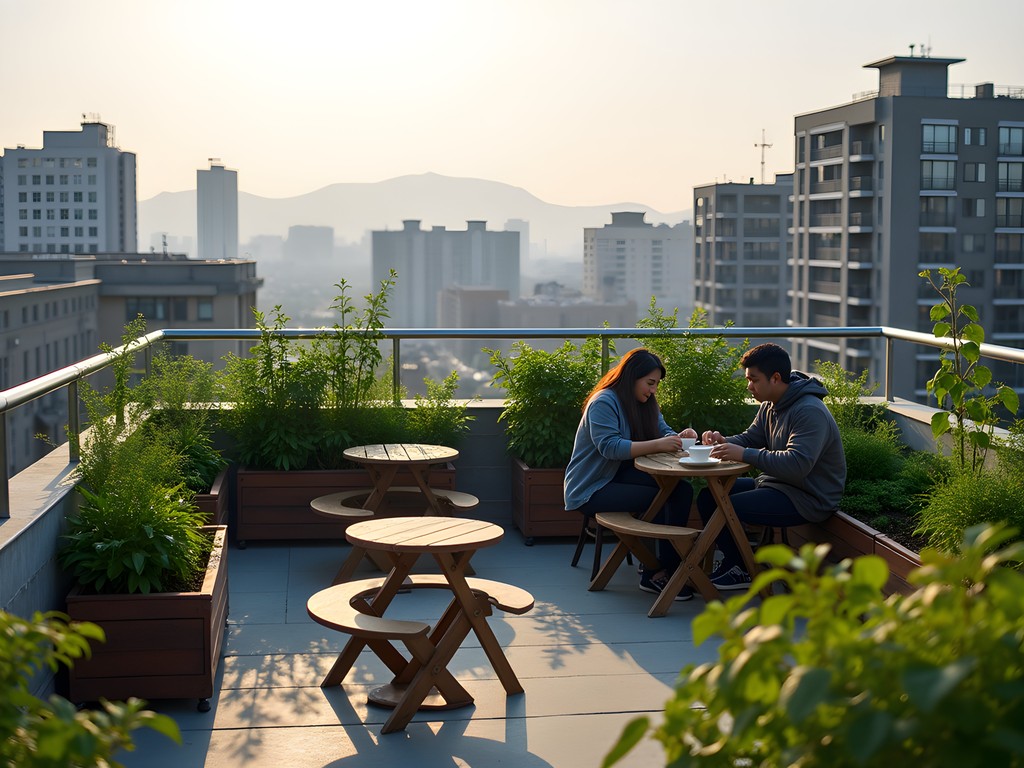 Cozy rooftop garden at a budget hostel in Daegu with urban views and potted plants