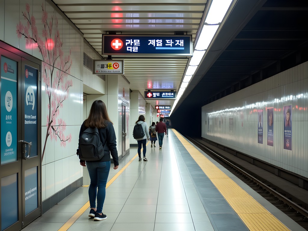 Modern Daegu metro station with cherry blossom decorations and clear signage in Korean and English