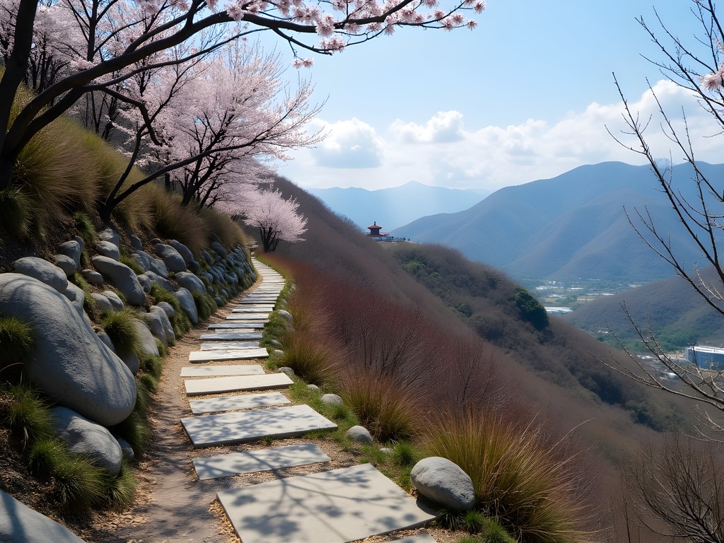 Scenic hiking trail on Palgongsan Mountain near Daegu with spring foliage and distant temple views