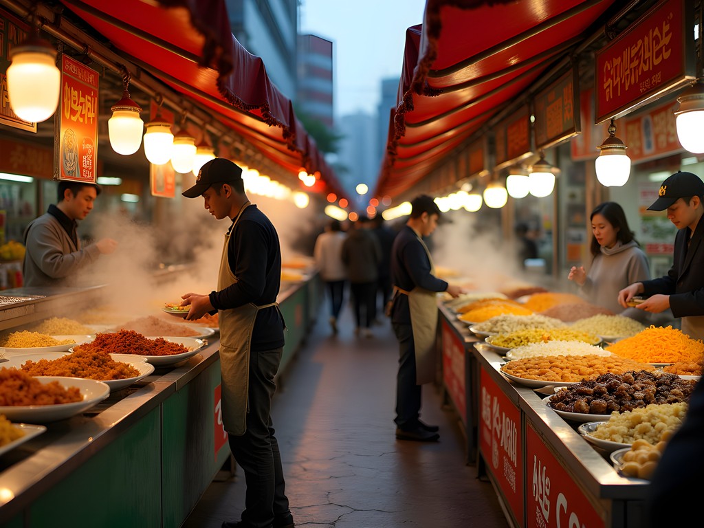 Vibrant food stalls at Seomun Market in Daegu with colorful traditional Korean street food