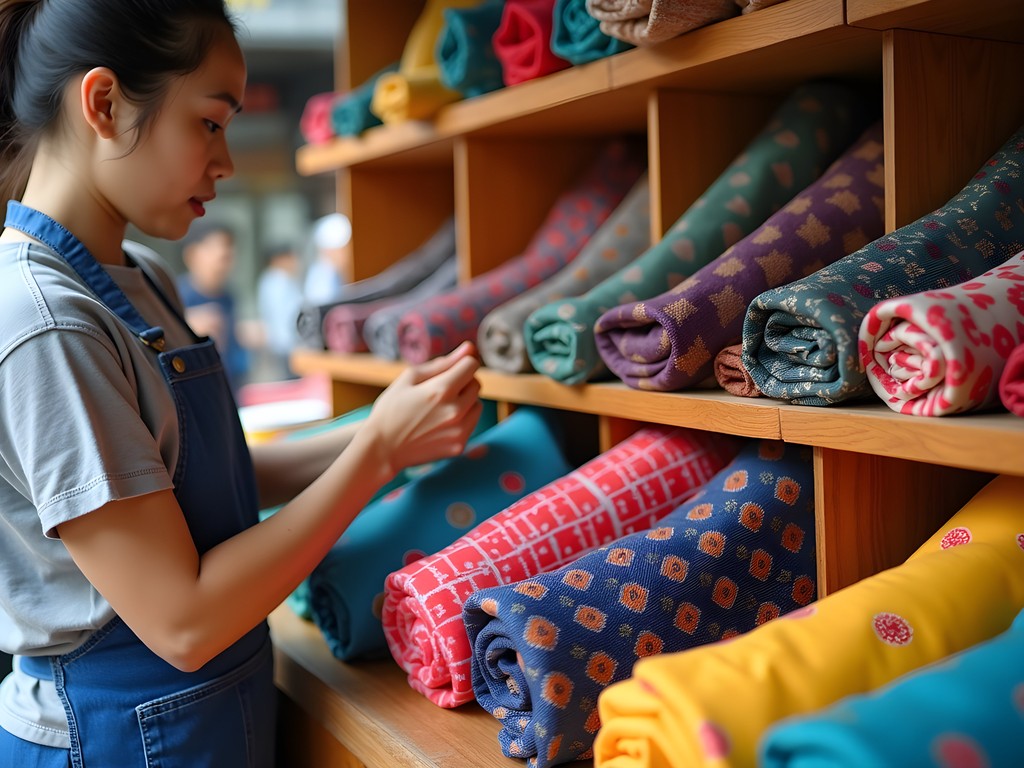 Colorful traditional Korean bojagi wrapping cloths displayed at Seomun Market in Daegu