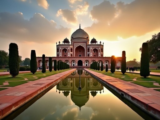 Humayun's Tomb at sunrise with perfect reflection in water channels and few tourists